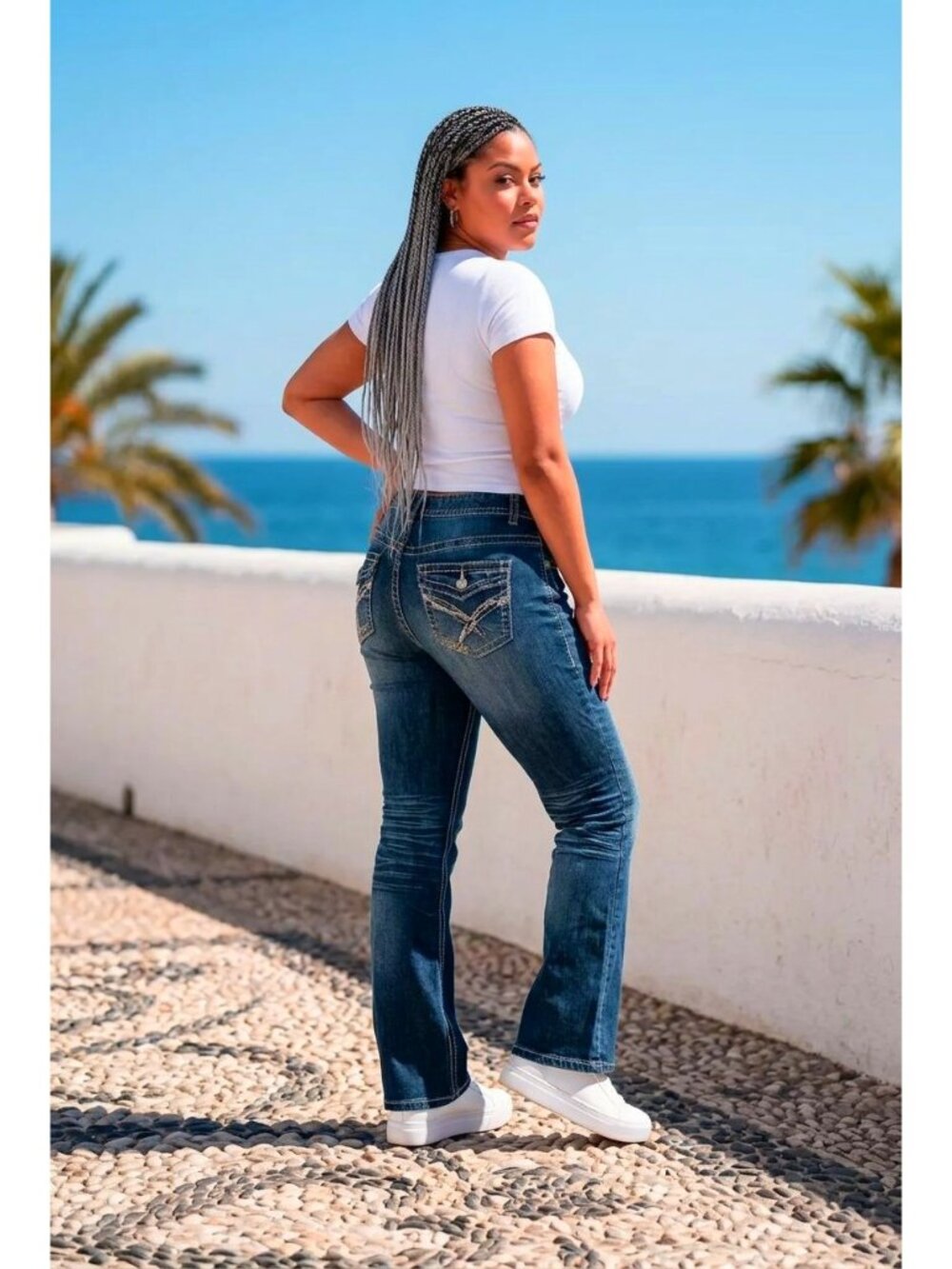 Lane Bryant Flared Denim Jeans With Embellished Back Pockets Blue Stretch Fabric